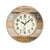 Horloge murale ronde avec cadre en bois marron et cadran blanc, aiguilles noires.