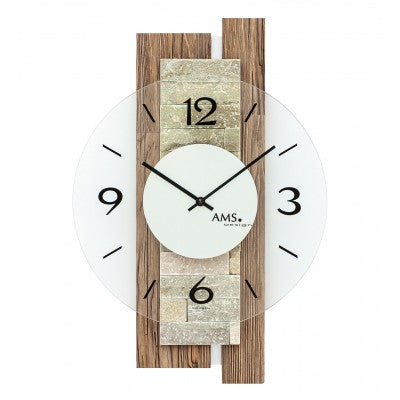 Horloge murale AMS en quartz avec verre minéral et aspect pierre naturelle, cadre en bois, cadran noir