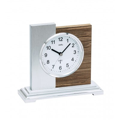 Horloge de table avec cadran rond, aiguille noire, boîtier en bois et blanc