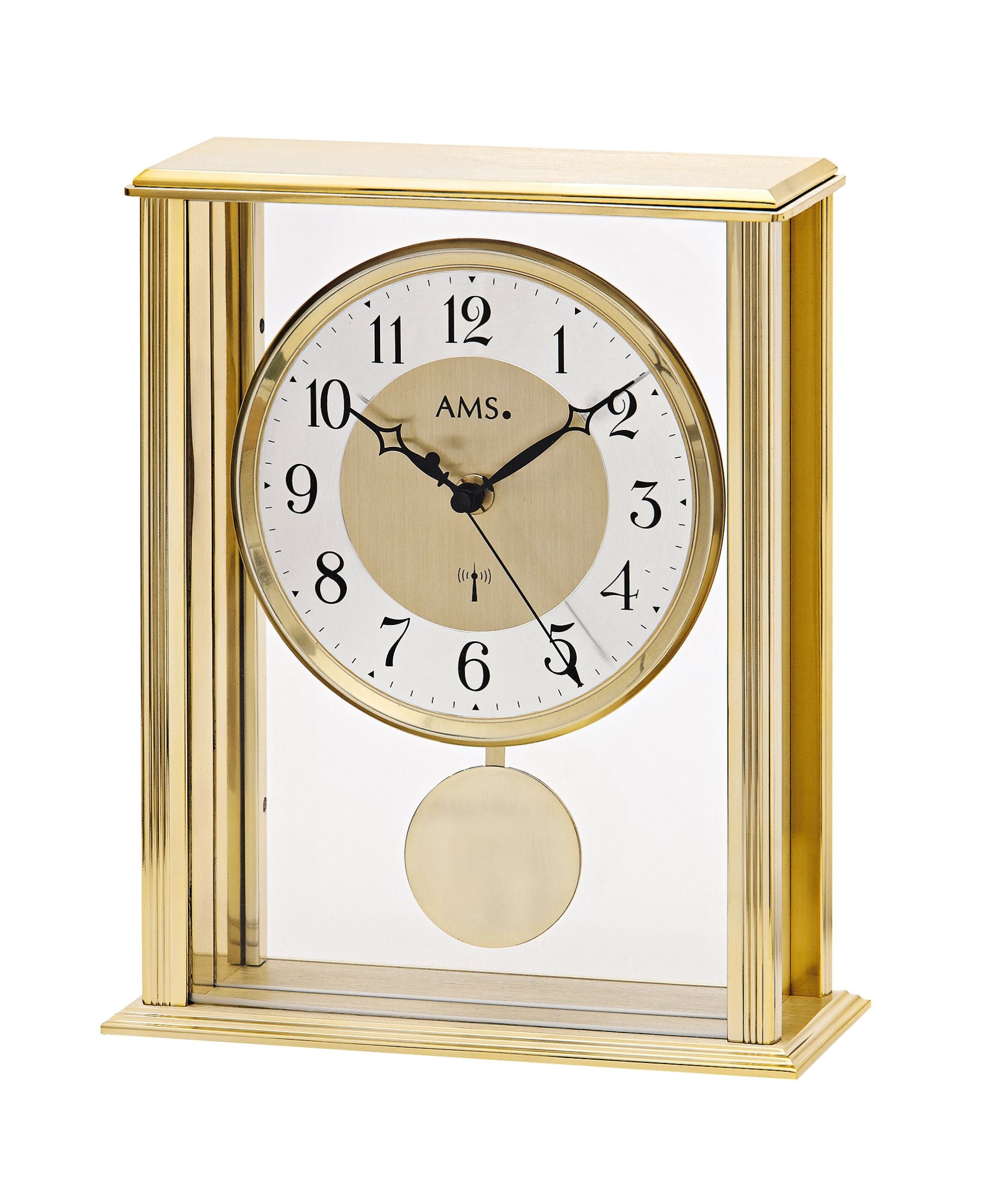 Horloge de table avec boîtier couleur laiton, cadran rond à chiffres arabes et pendule