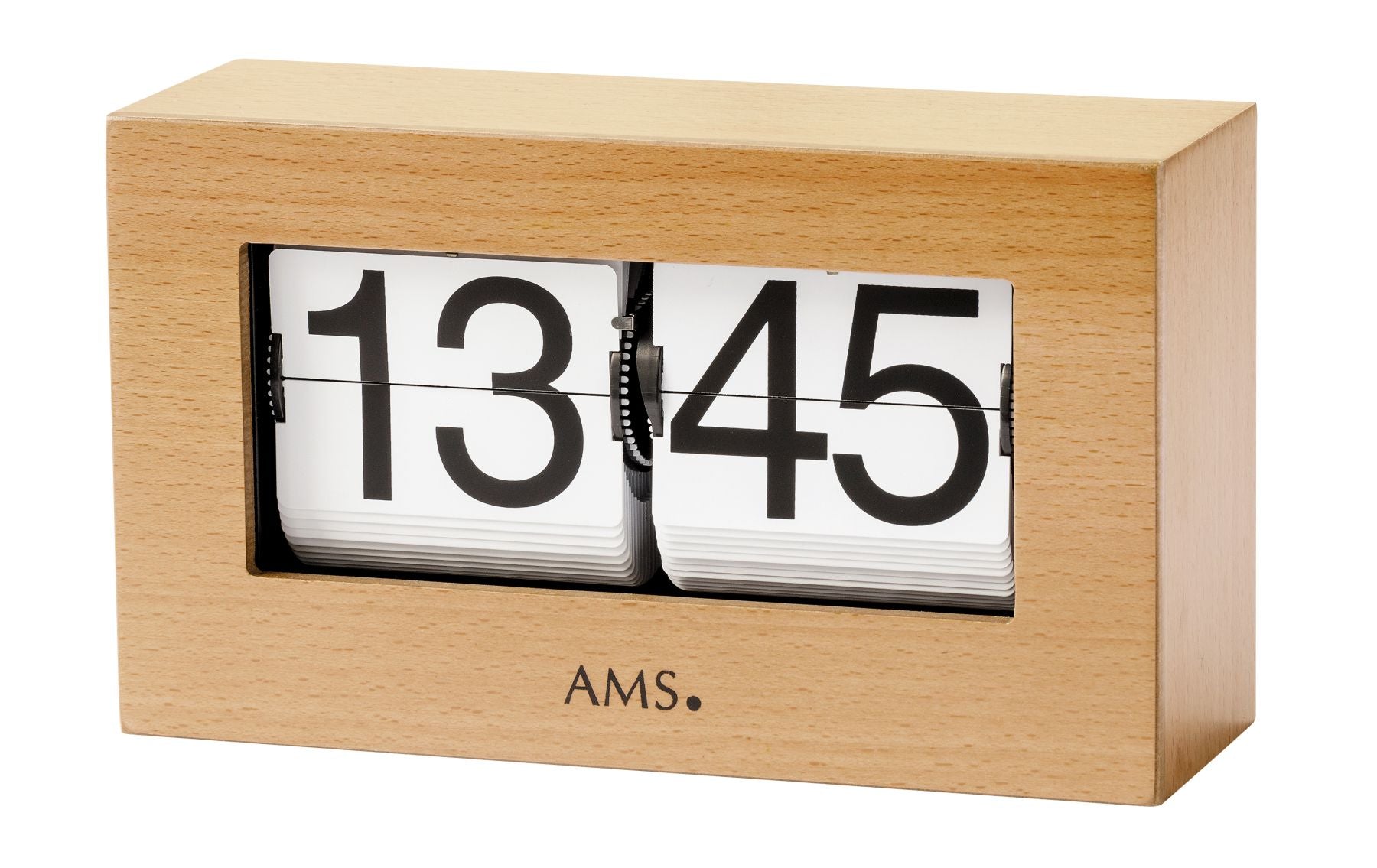 Horloge de table avec boîtier massif en hêtre, affichage 24 heures, indique 13:45