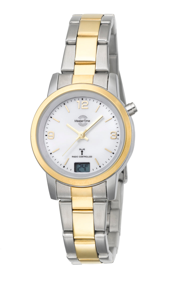 Bicolor Damenarmbanduhr mit rundem weißem Zifferblatt, silber-goldener Metallkette