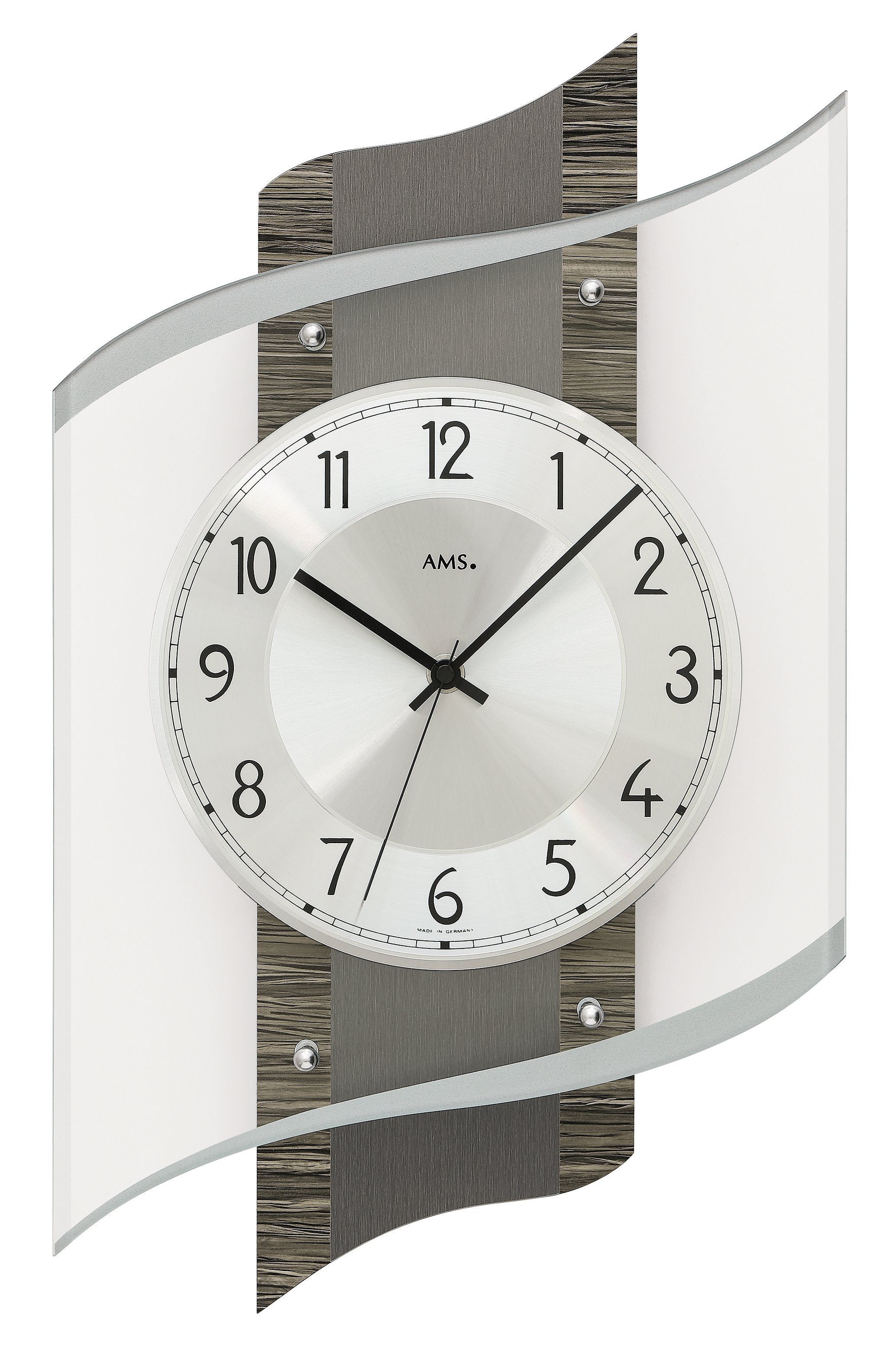 Horloge murale avec cadran rond, décor en bois gris foncé et cadre en métal argenté