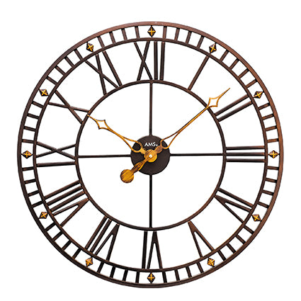 Horloge murale couleur cuivre avec chiffres romains, cadran noir et aiguilles dorées