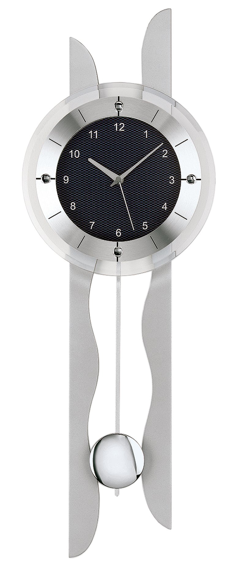 Horloge murale radio-pilotée argentée avec cadran rond, balancier et verre minéral