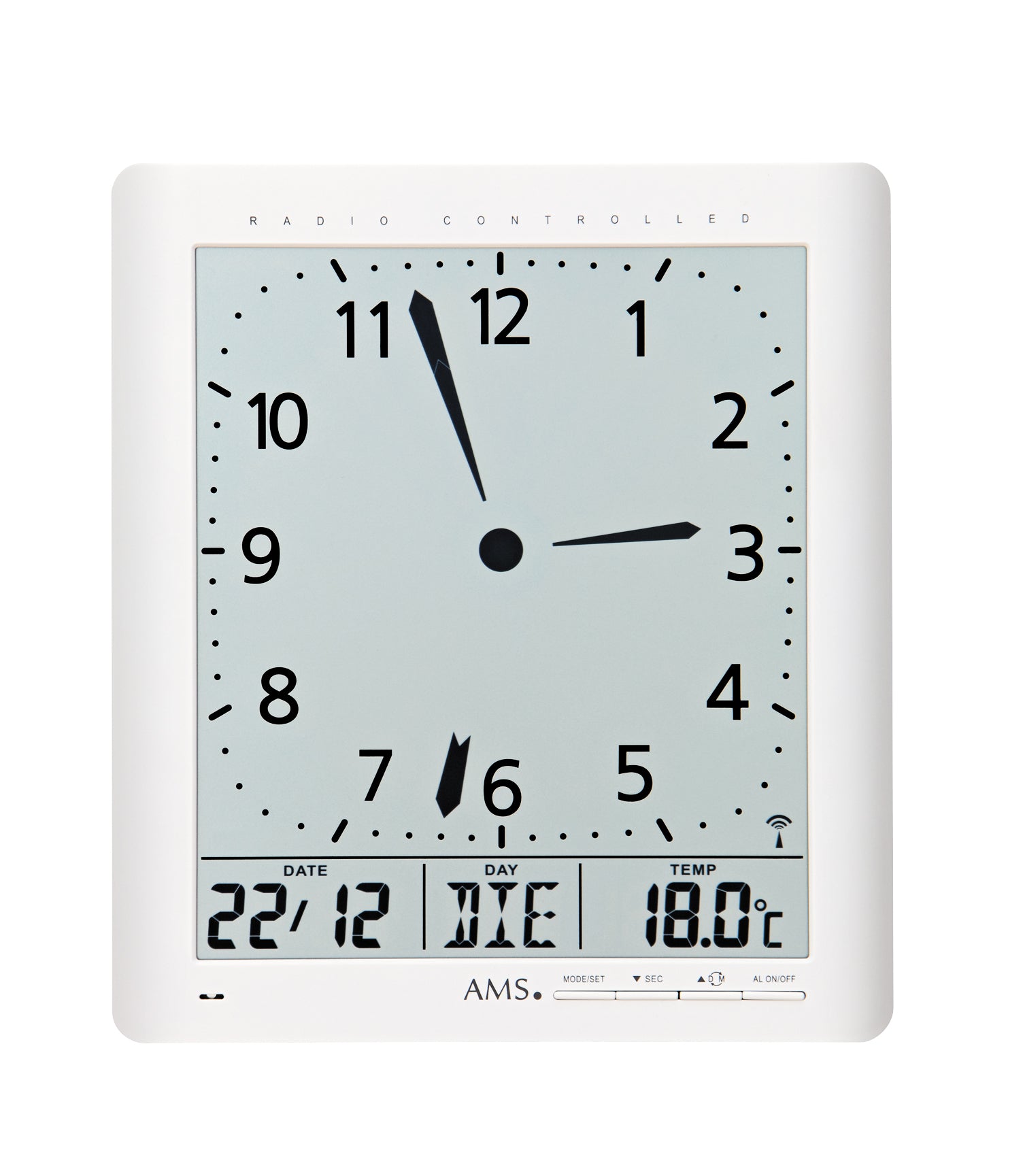 Horloge murale radio-pilotée blanche avec aiguilles analogiques et affichage numérique de la température