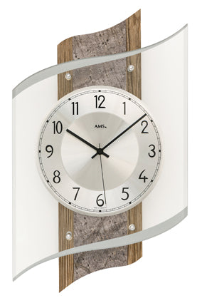 Horloge murale avec cadran rond, aiguilles et cadre en bois aspect noyer