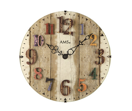Horloge murale vintage AMS avec chiffres romains, aiguilles en métal et aspect bois brun