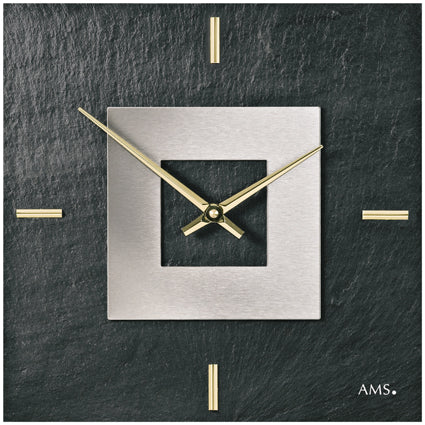 Horloge murale en ardoise naturelle avec cadran carré, aiguilles dorées, anthracite
