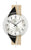 Horloge murale avec cadran rond, aiguilles noires et bracelet en bois et cuir foncé