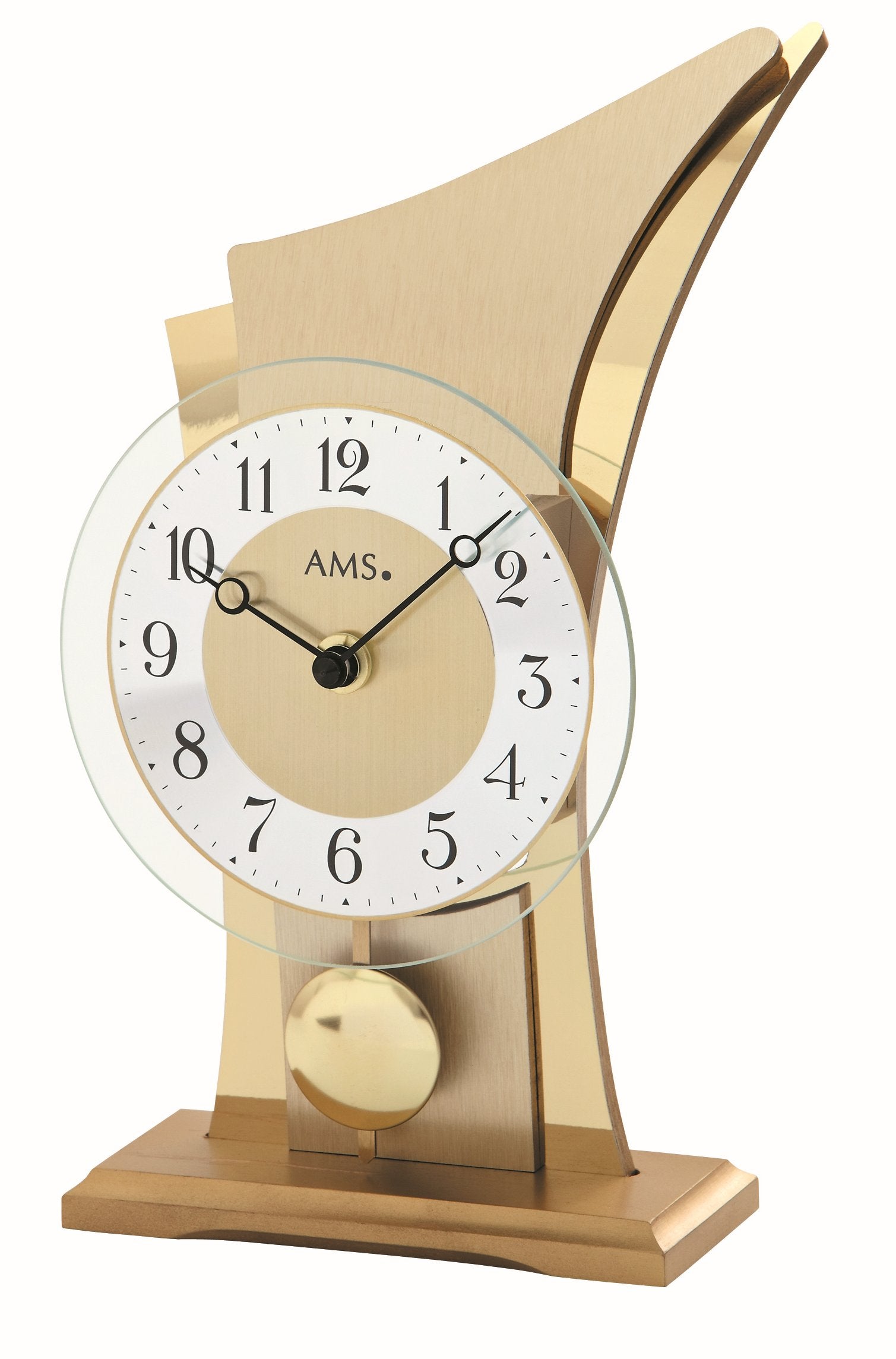 Horloge de table courbée avec boîtier doré, cadran beige rond et pendule