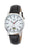 Herrenuhr mit silbernem Ziffernblatt, roten Zeigern und schwarzem Lederband
