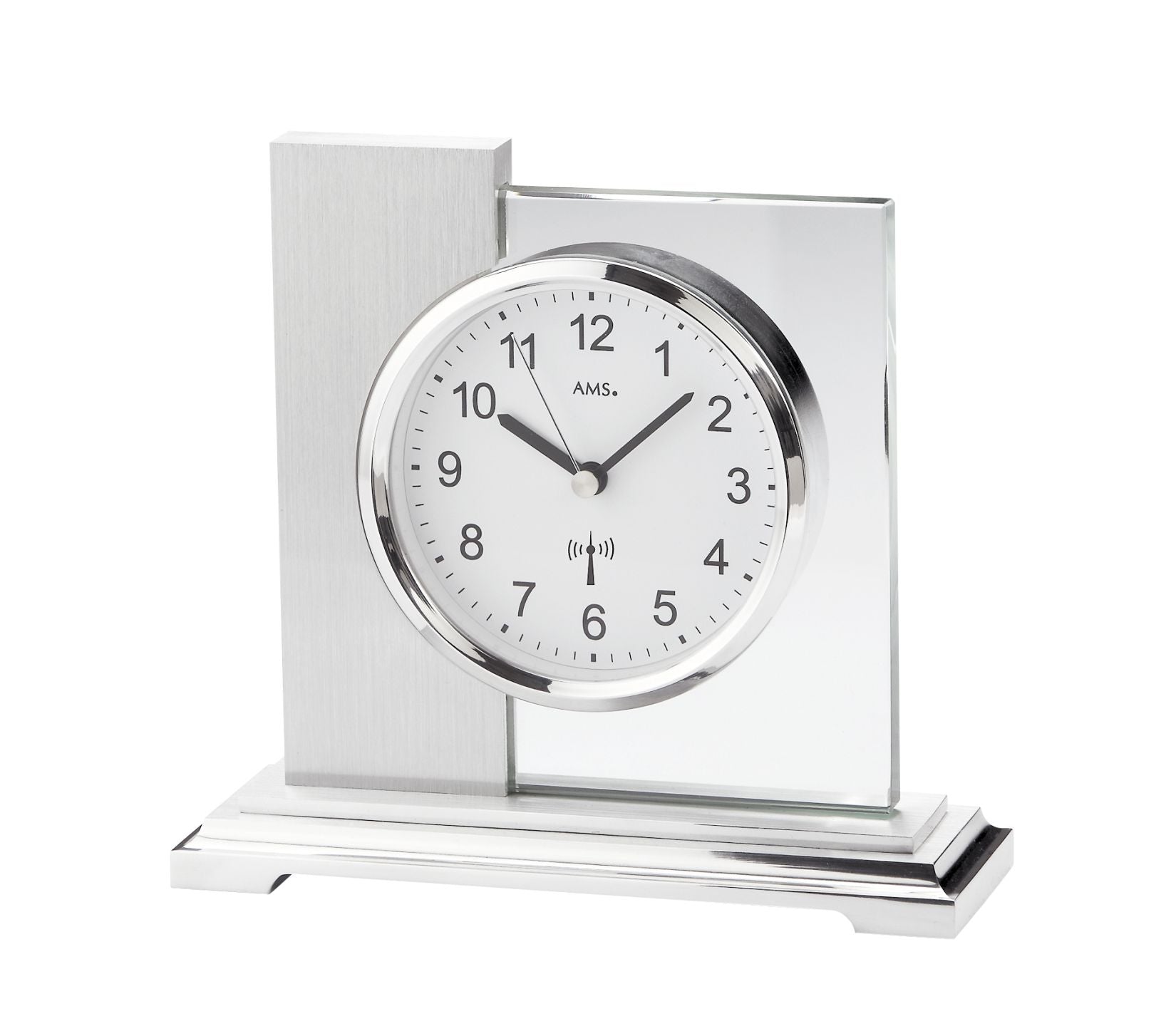 Horloge de table AMS Linz F5140 : cadran rond, boîtier argenté, verre minéral