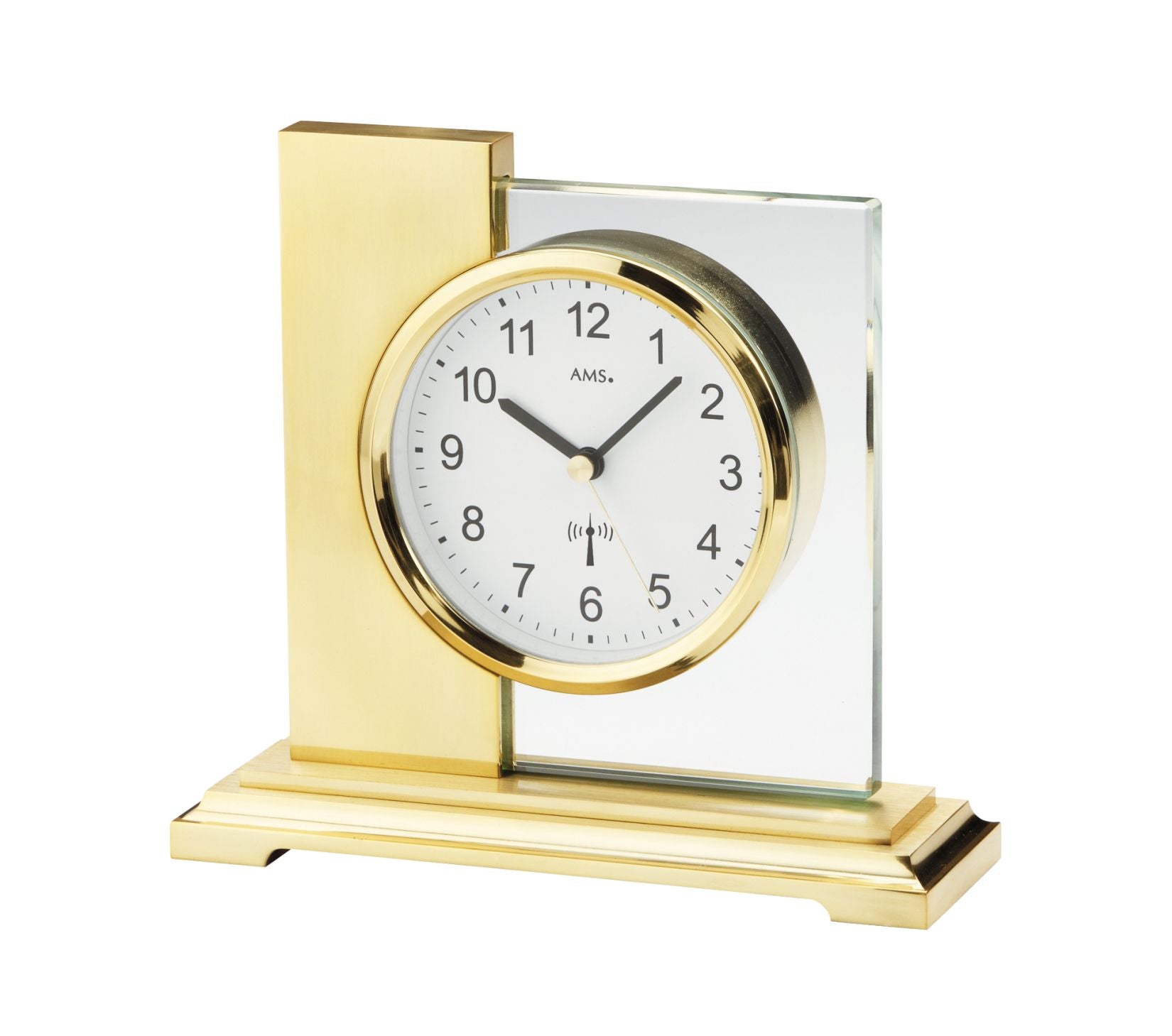 Horloge de table dorée avec cadran rond, façade en verre et pied
