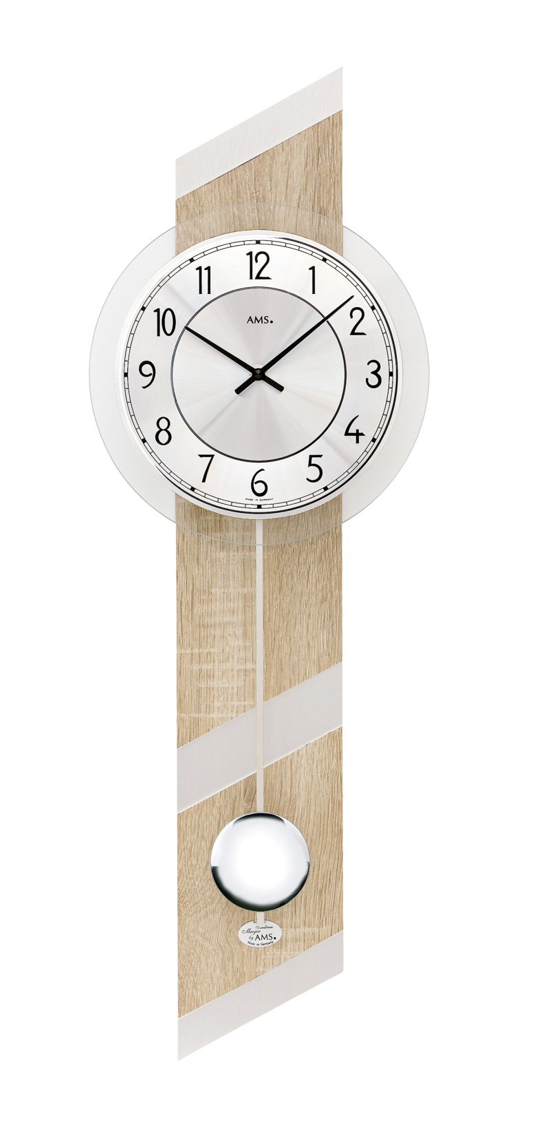 Horloge murale avec cadran rond, cadre en aluminium et pendule en bois, aspect Sonoma