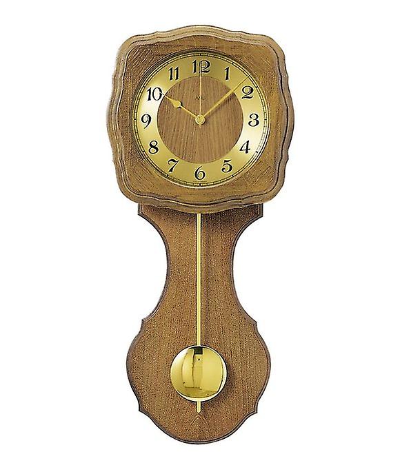 Horloge murale ronde en chêne avec pendule, cadran rond et façade en verre