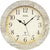 Horloge murale radio-pilotée ronde avec cadran beige, aiguilles noires et chiffres romains, logo AMS