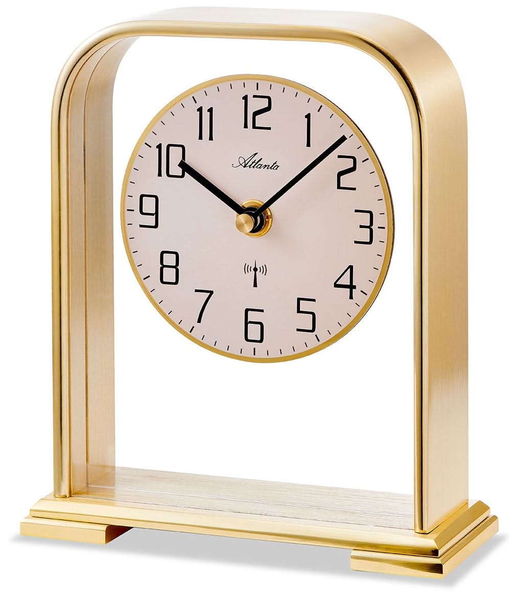 Horloge de table Atlanta en métal avec cadran rond et cadre doré, affichage radio-piloté