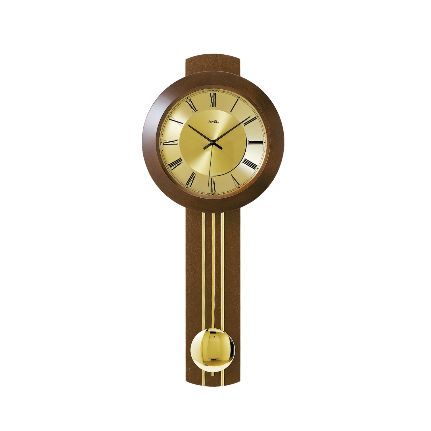 Horloge murale avec boîtier rond en noyer et balancier de couleur laiton, cadran jaune