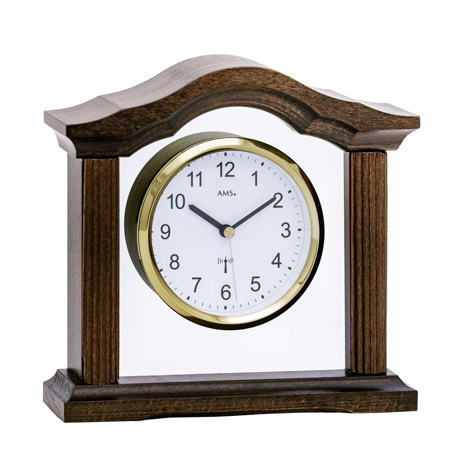 Horloge de table avec boîtier en bois massif couleur noyer et cadran rond, verre minéral