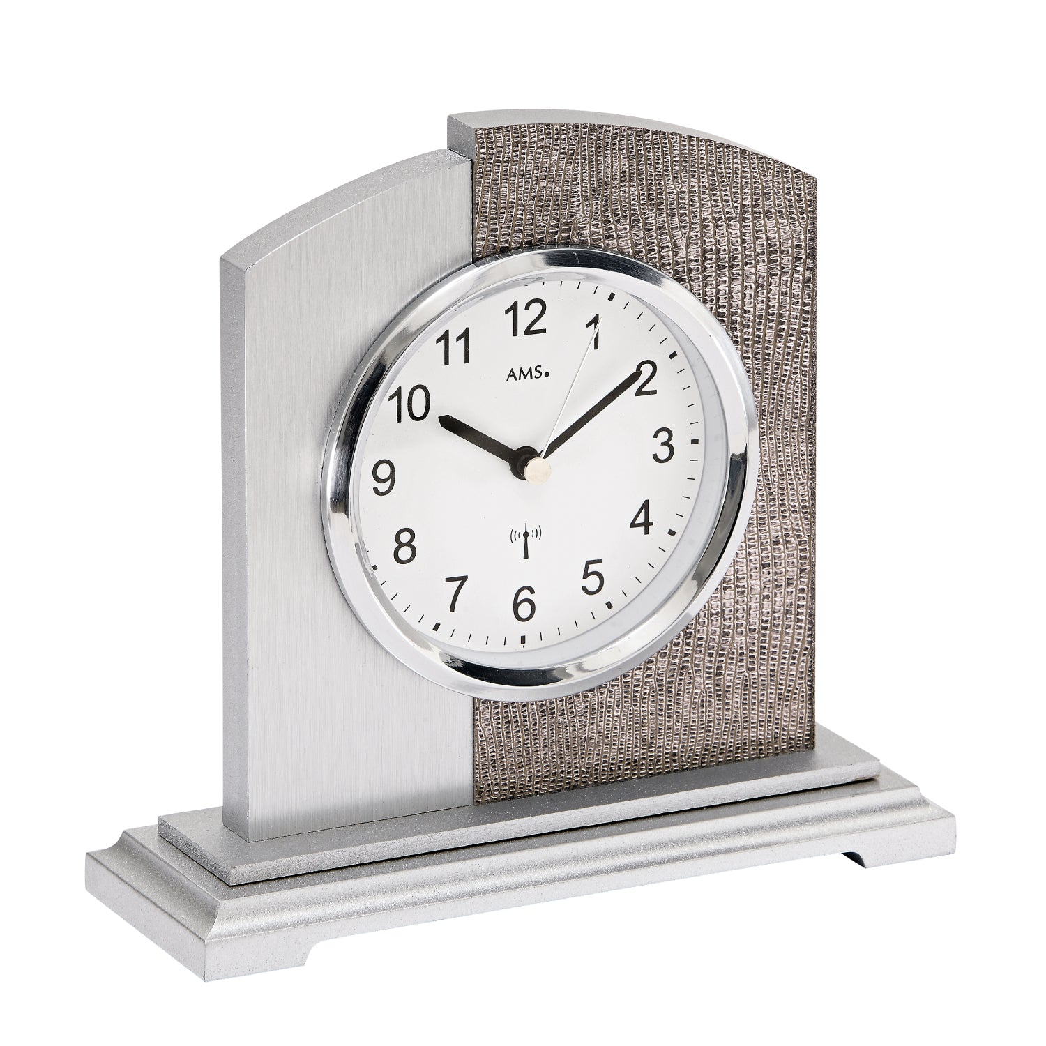 Horloge de table avec cadran rond, verre minéral et boîtier en aluminium argenté/gris