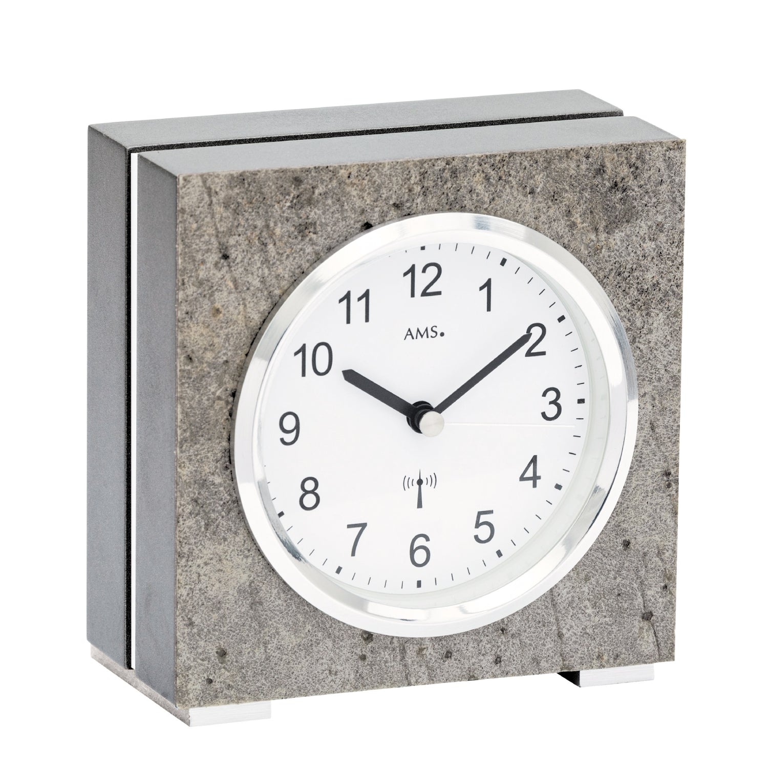 Horloge de table avec boîtier en pierre grise, cadre argenté et cadran analogique blanc, AMS