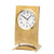 Horloge de table avec cadre couleur laiton antique, cadran rond, aiguilles noires et chiffres blancs.
