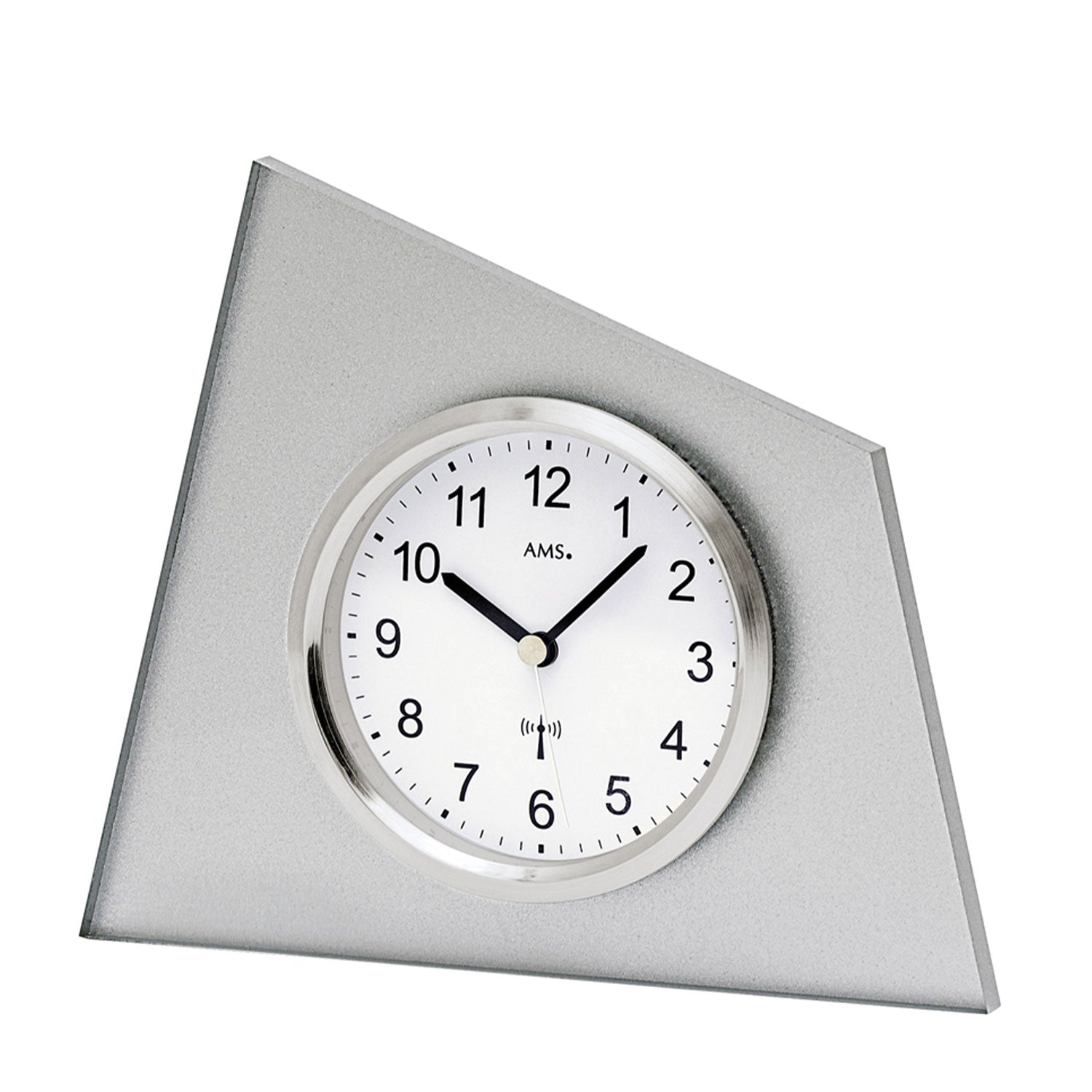 Horloge de table AMS avec façade en aluminium argenté et cadran rond avec affichage des minutes