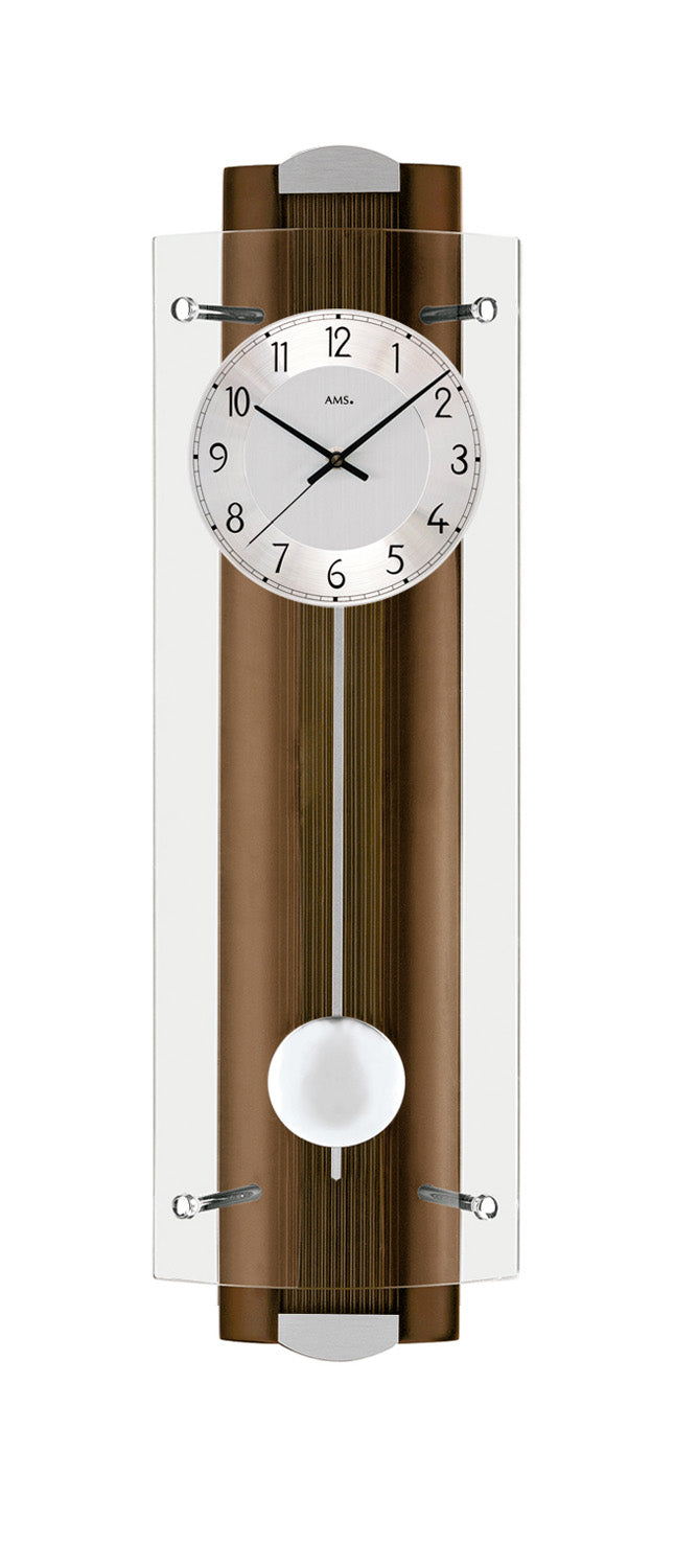 Horloge murale avec boîtier en noyer, cadran blanc et façade en verre, pendule avec boule