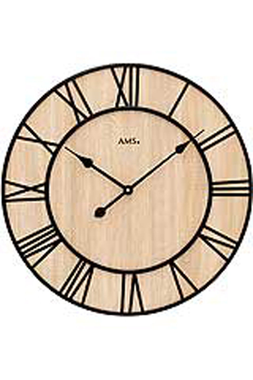 Horloge murale avec cadre rond en métal, cadran en bois clair et chiffres romains