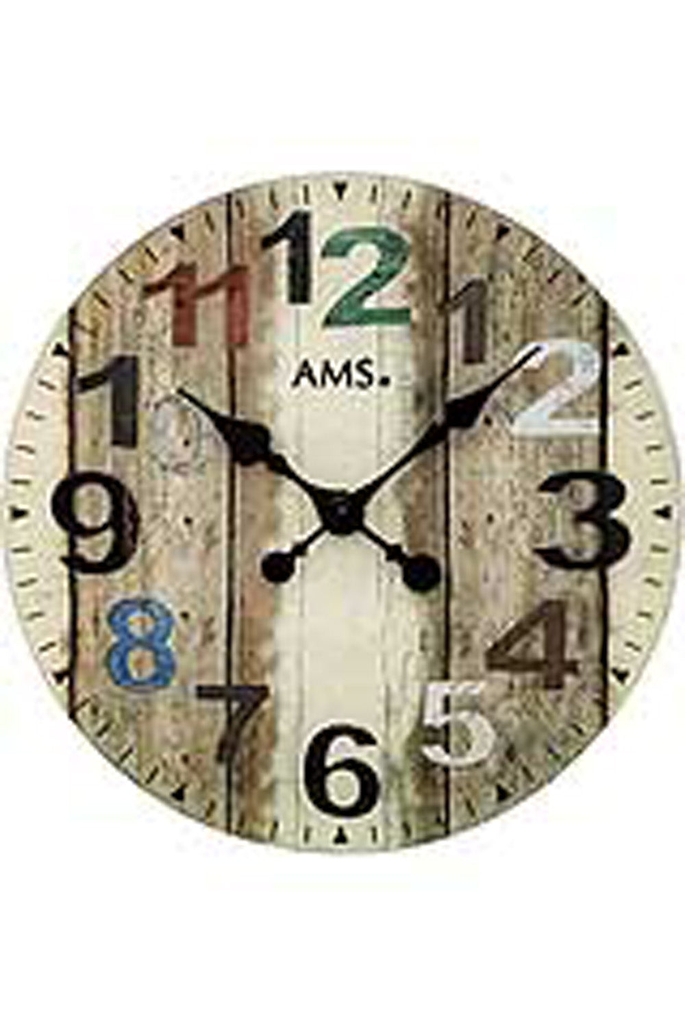 Horloge murale avec cadran imprimé marron, grands chiffres arabes et aiguilles, AMS.