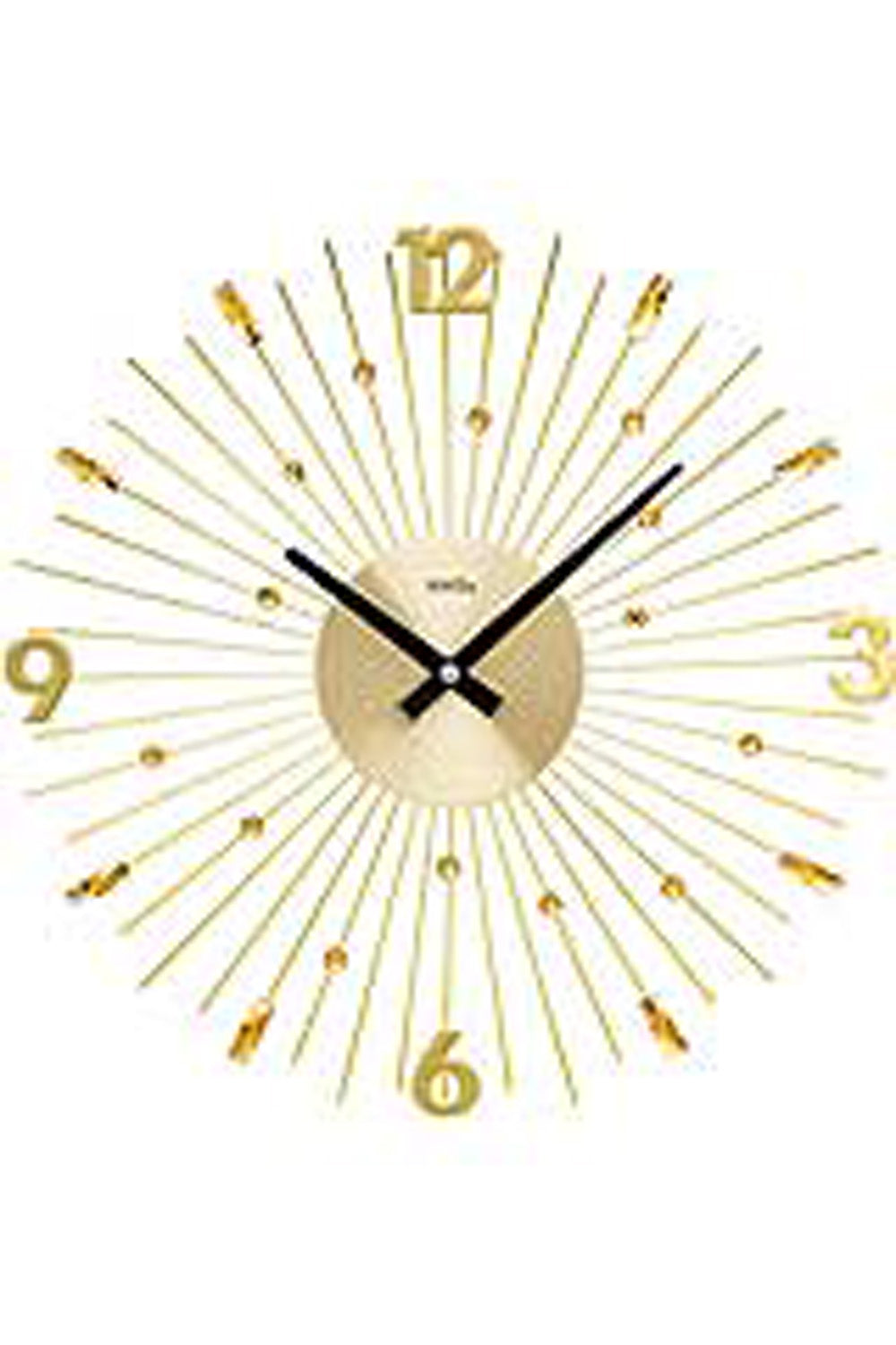 Horloge murale avec cadran doré, index en bâtons métalliques et aiguilles noires