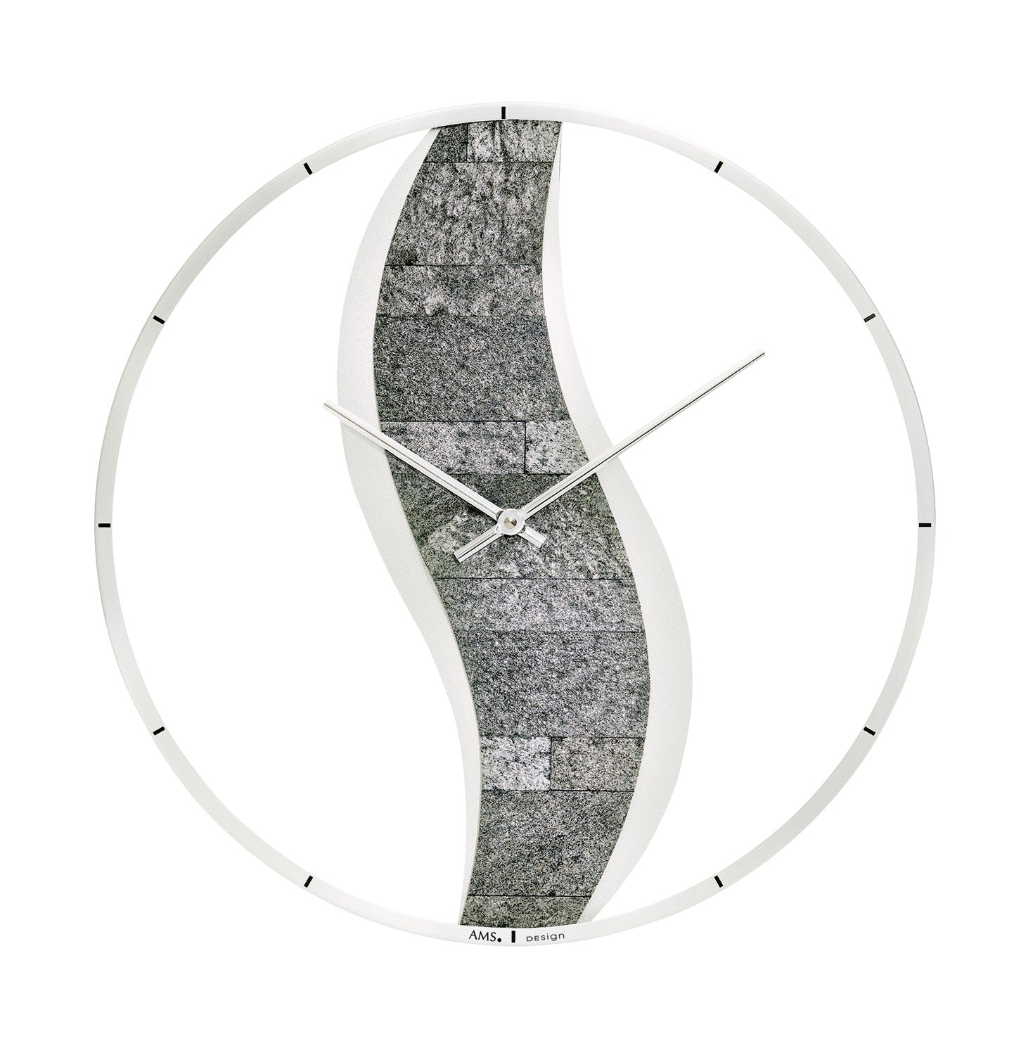Horloge murale AMS avec cadre rond et cadran en pierre grise, aiguilles apparentes
