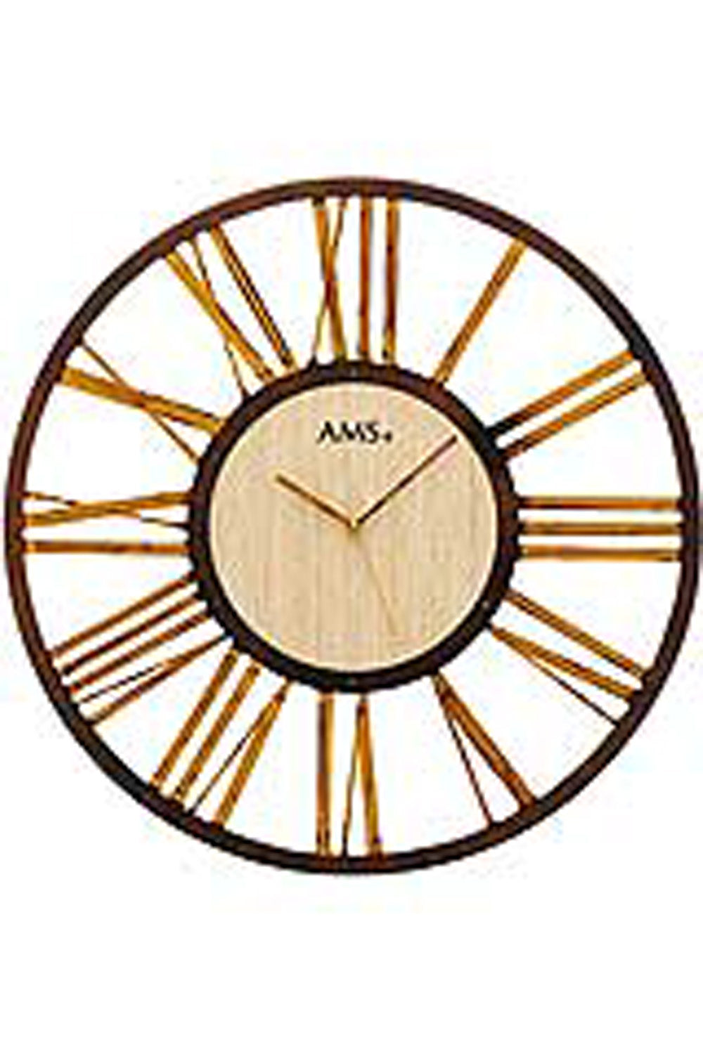 Horloge murale avec cadre rond en bois/métal, cadran beige et index dorés