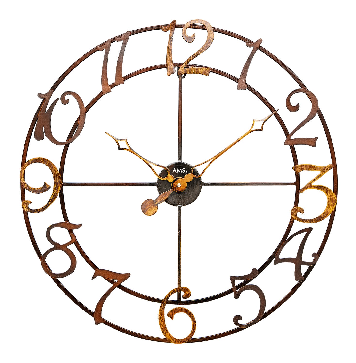 Horloge murale avec boîtier rond en métal, chiffres arabes et aiguilles dorées, marron foncé
