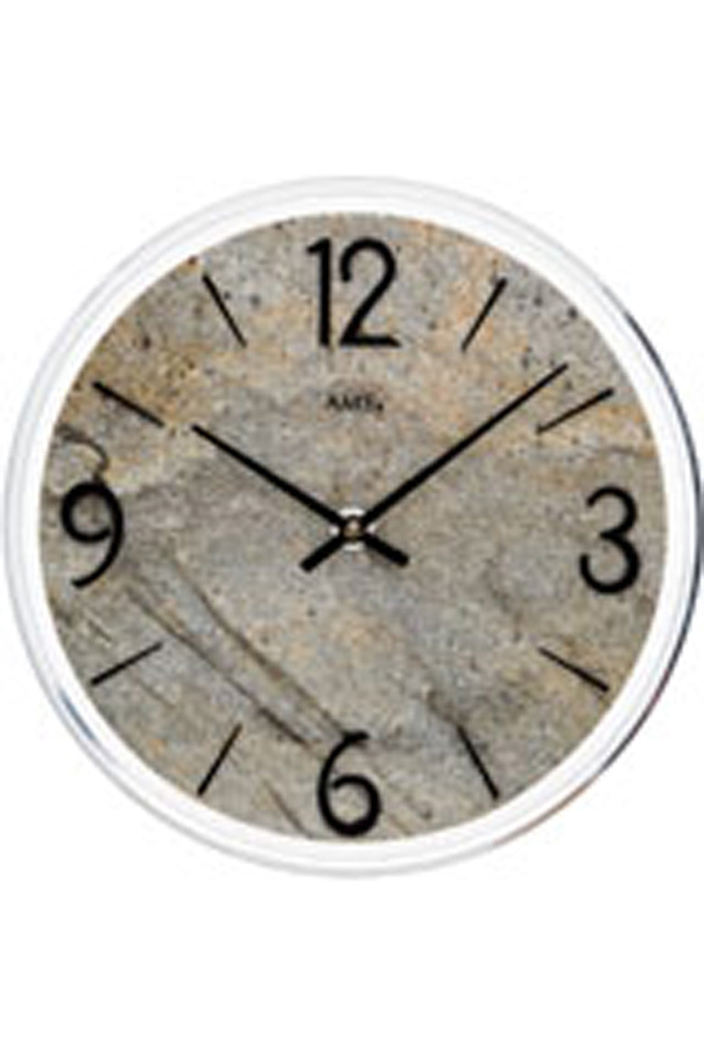 Horloge murale ronde avec cadran en pierre grise, mouvement d'aiguilles noir et chiffres 3, 6, 9, 12