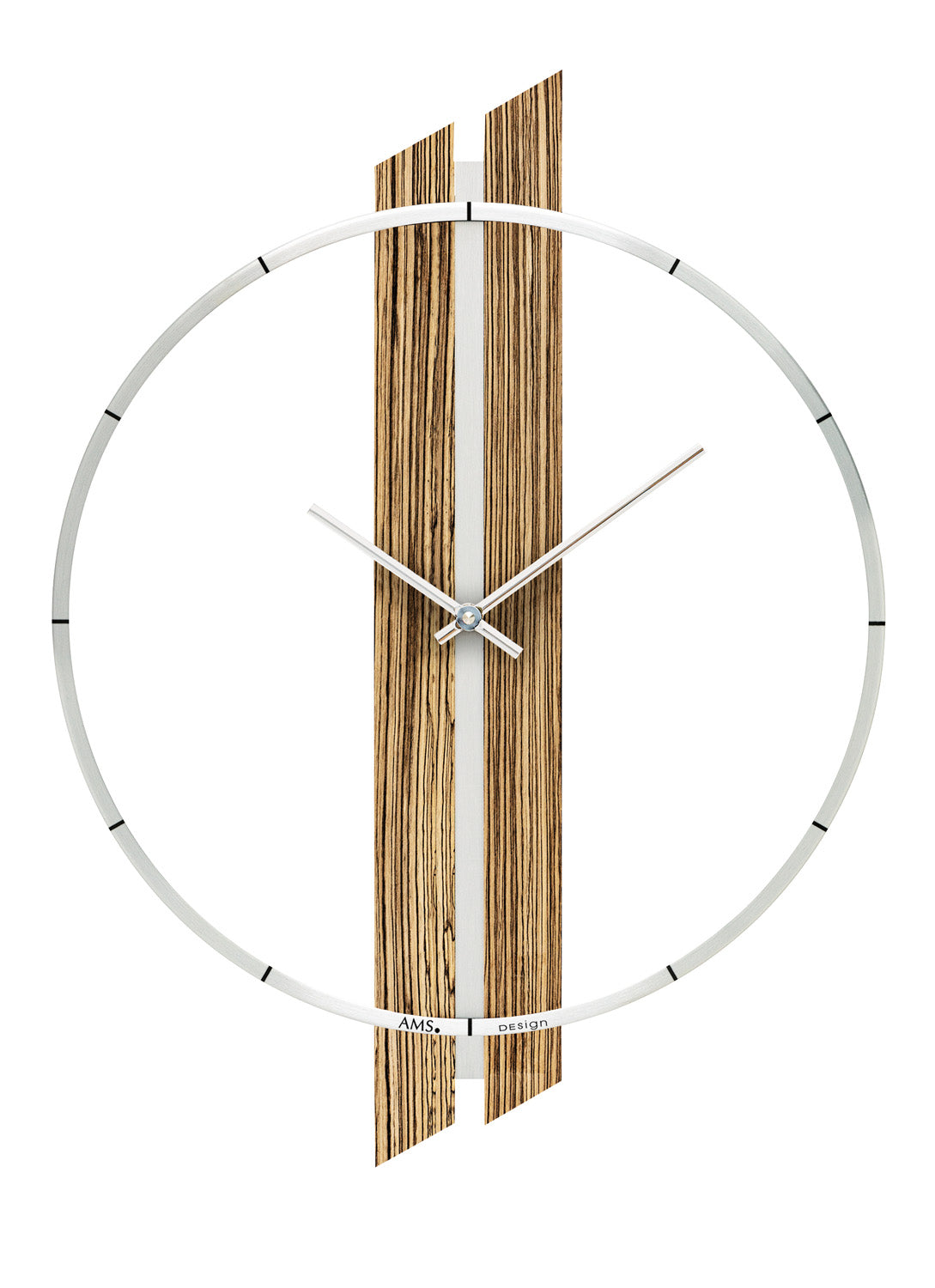 Horloge murale avec cadre rond en aluminium, aiguilles argentées et placage en noyer