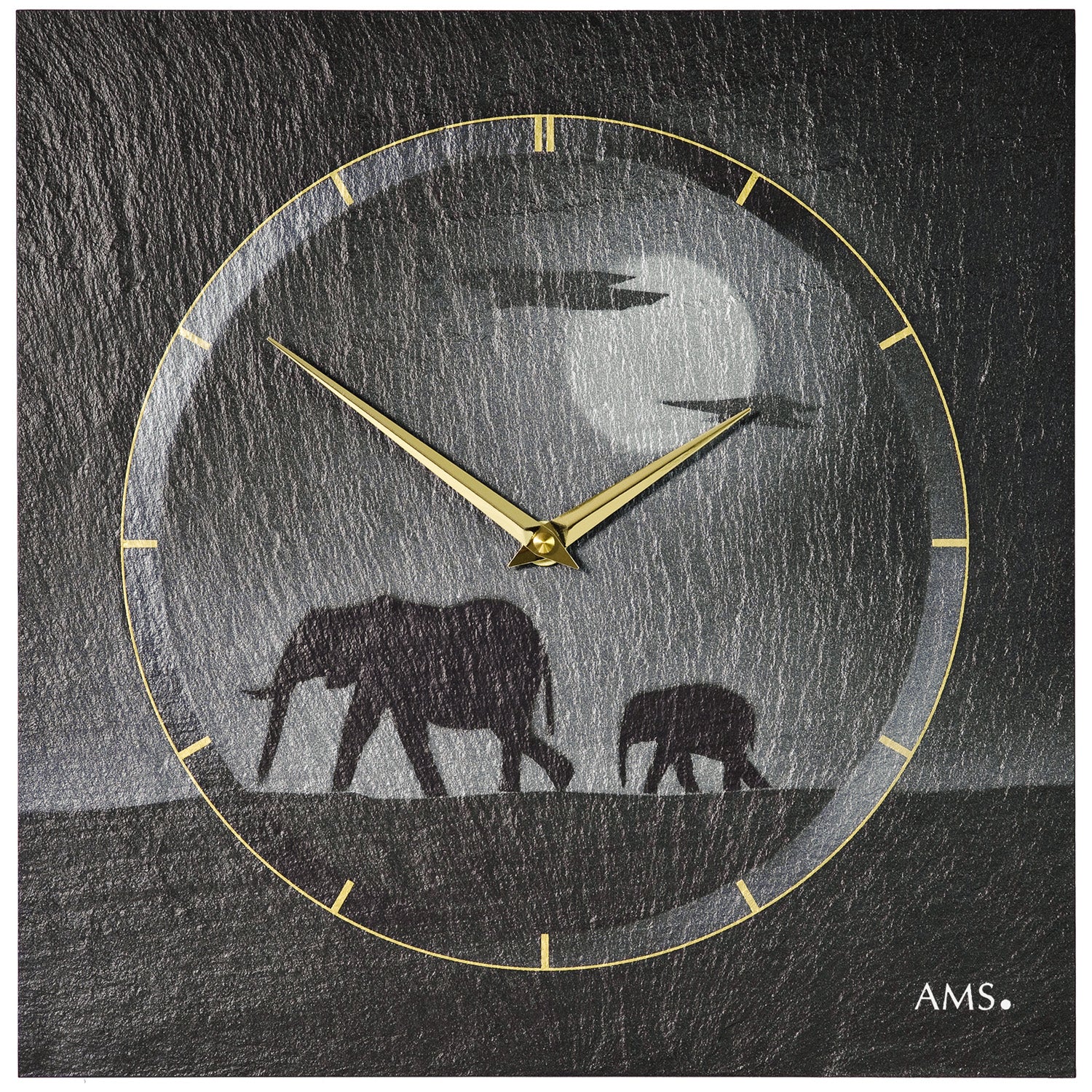 Horloge murale aspect ardoise, aiguilles dorées et motif éléphant