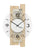Horloge murale : cadran blanc rond, aiguilles noires, logo AMS ; cadre en bois et pierre naturelle.