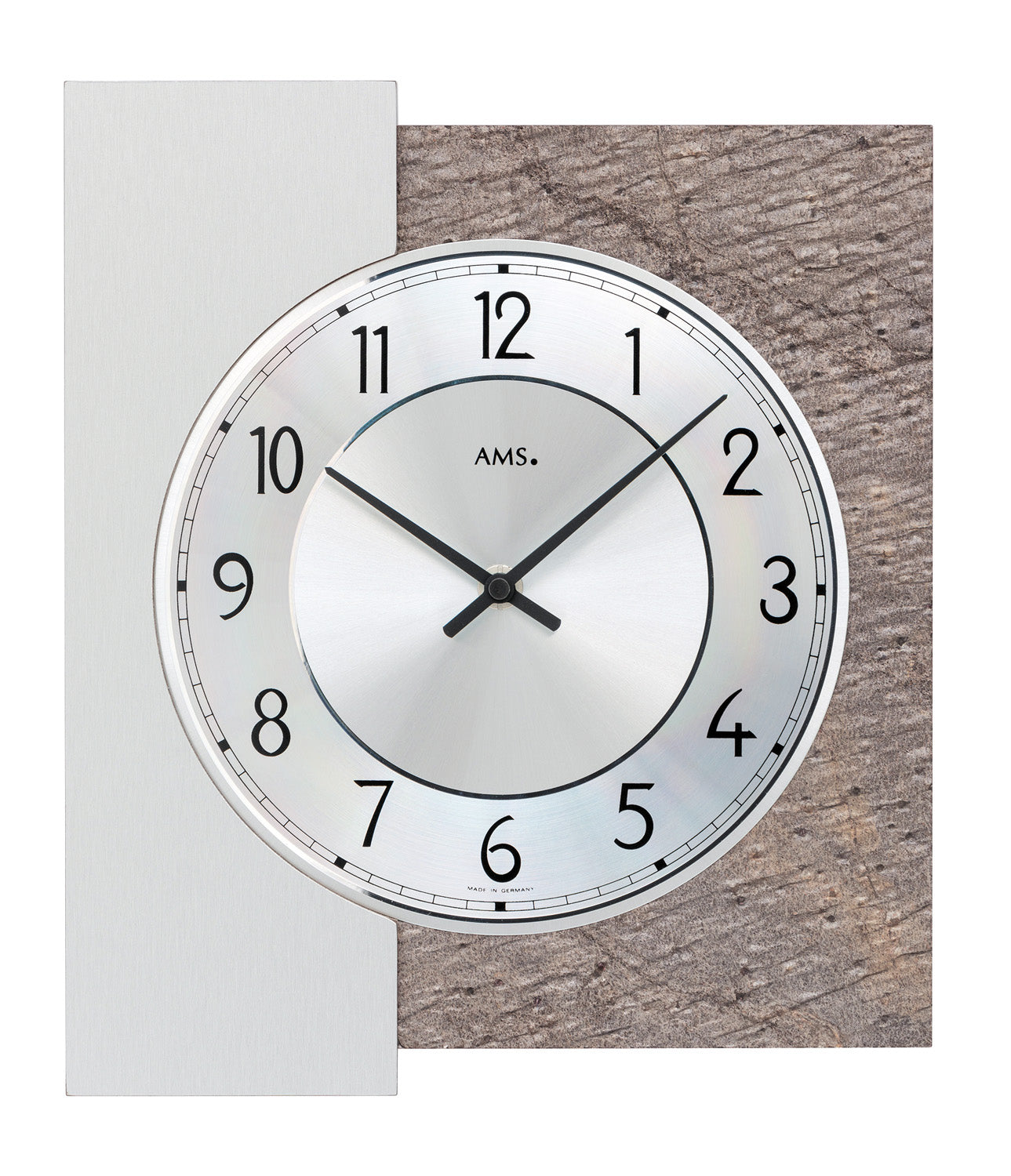 Horloge murale ronde avec cadran en aluminium blanc, chiffres et aiguilles noirs, pierre