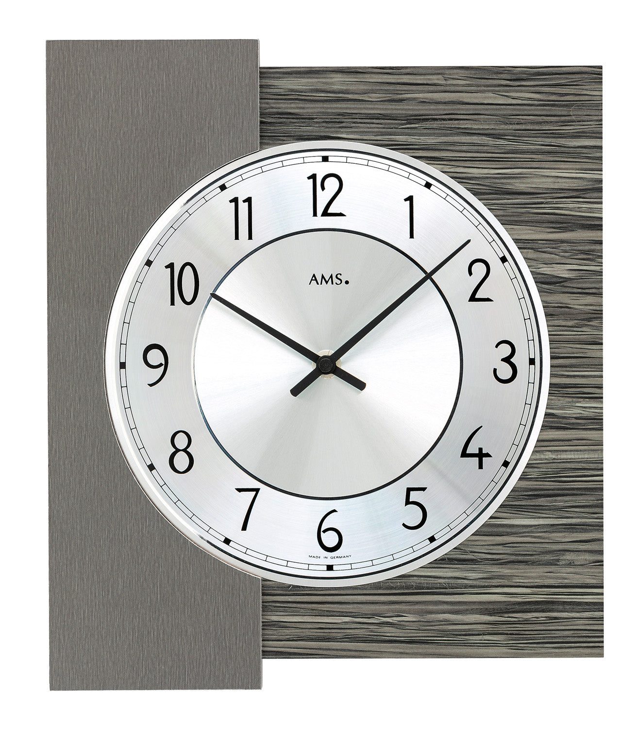 Horloge murale ronde : cadre décor bois, cadran blanc, chiffres et aiguilles noirs