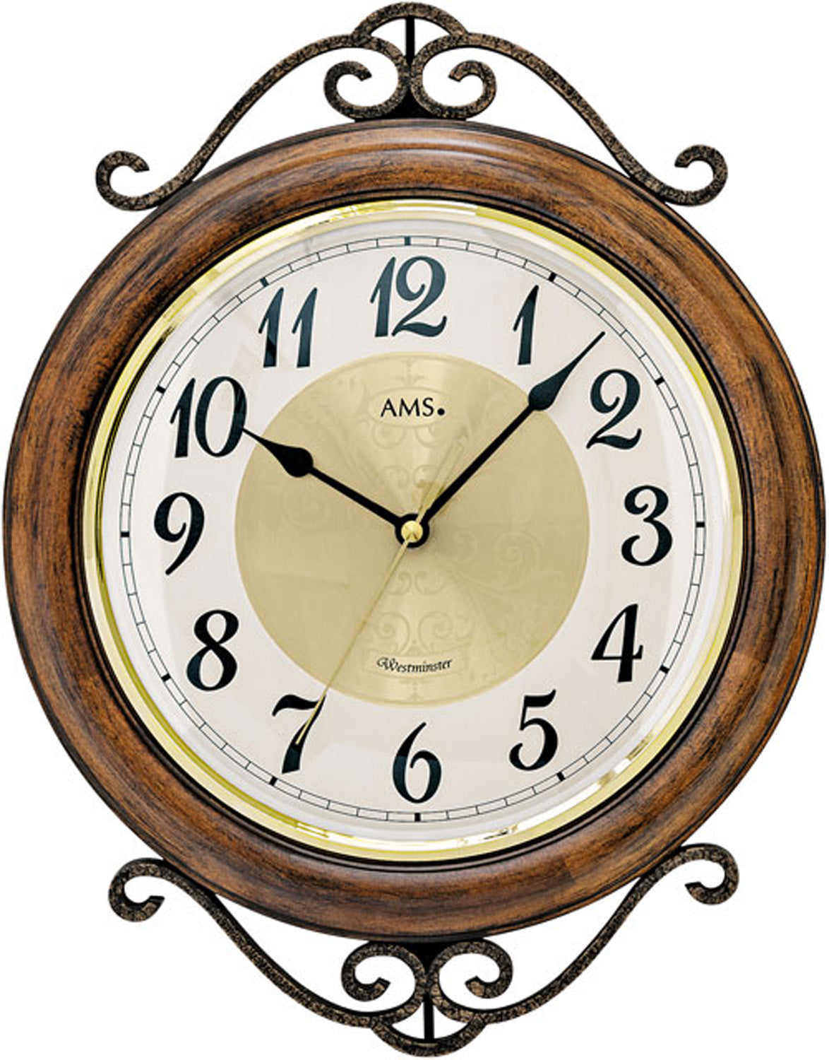 Horloge murale AMS avec cadre en bois marron, cadran rond et chiffres romains