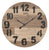 Horloge murale ronde avec boîtier en bois, chiffres et aiguilles noirs appliqués, logo AMS.