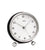 Horloge de table ronde avec cadre noir, boîtier argenté et cadran blanc
