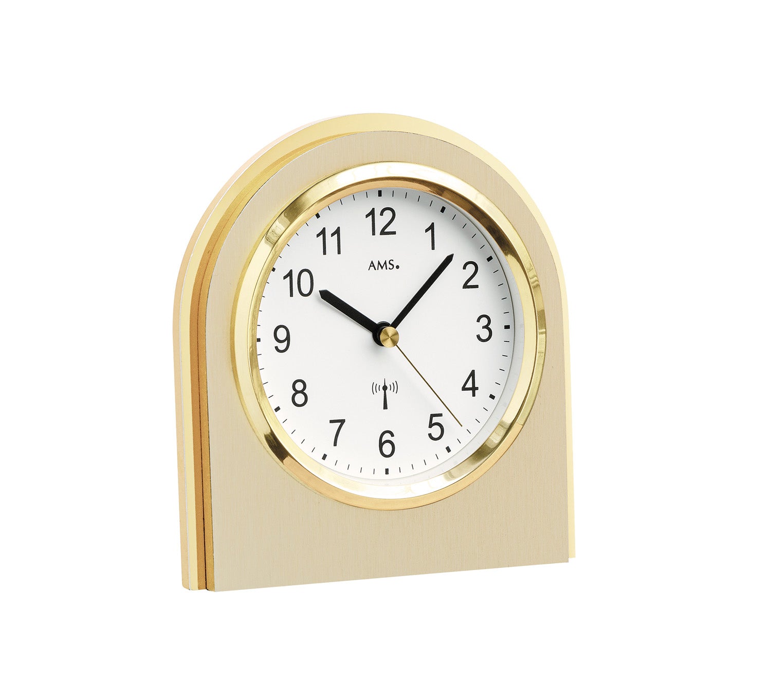 Horloge de table en bois naturel avec bordure en laiton, cadran blanc et aiguilles noires