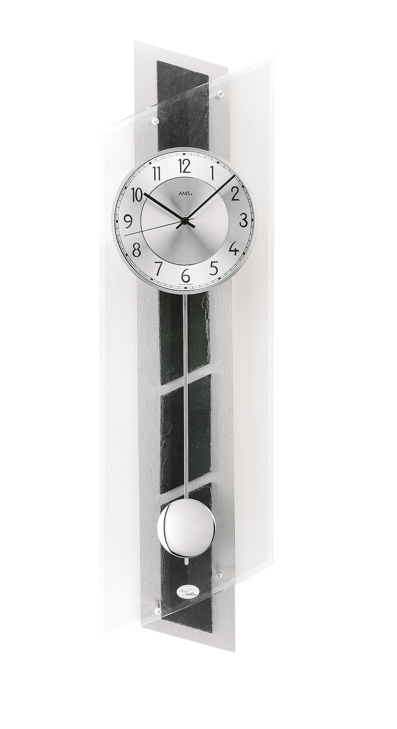 Horloge murale avec mouvement à pendule et cadran rond en aluminium, aspect ardoise naturelle noire