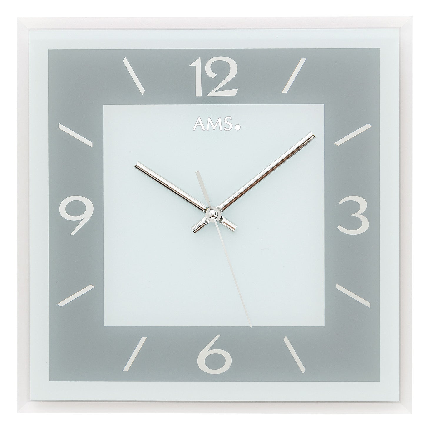Horloge murale AMS avec cadran bleu-gris, aiguilles argentées et cadre carré en verre