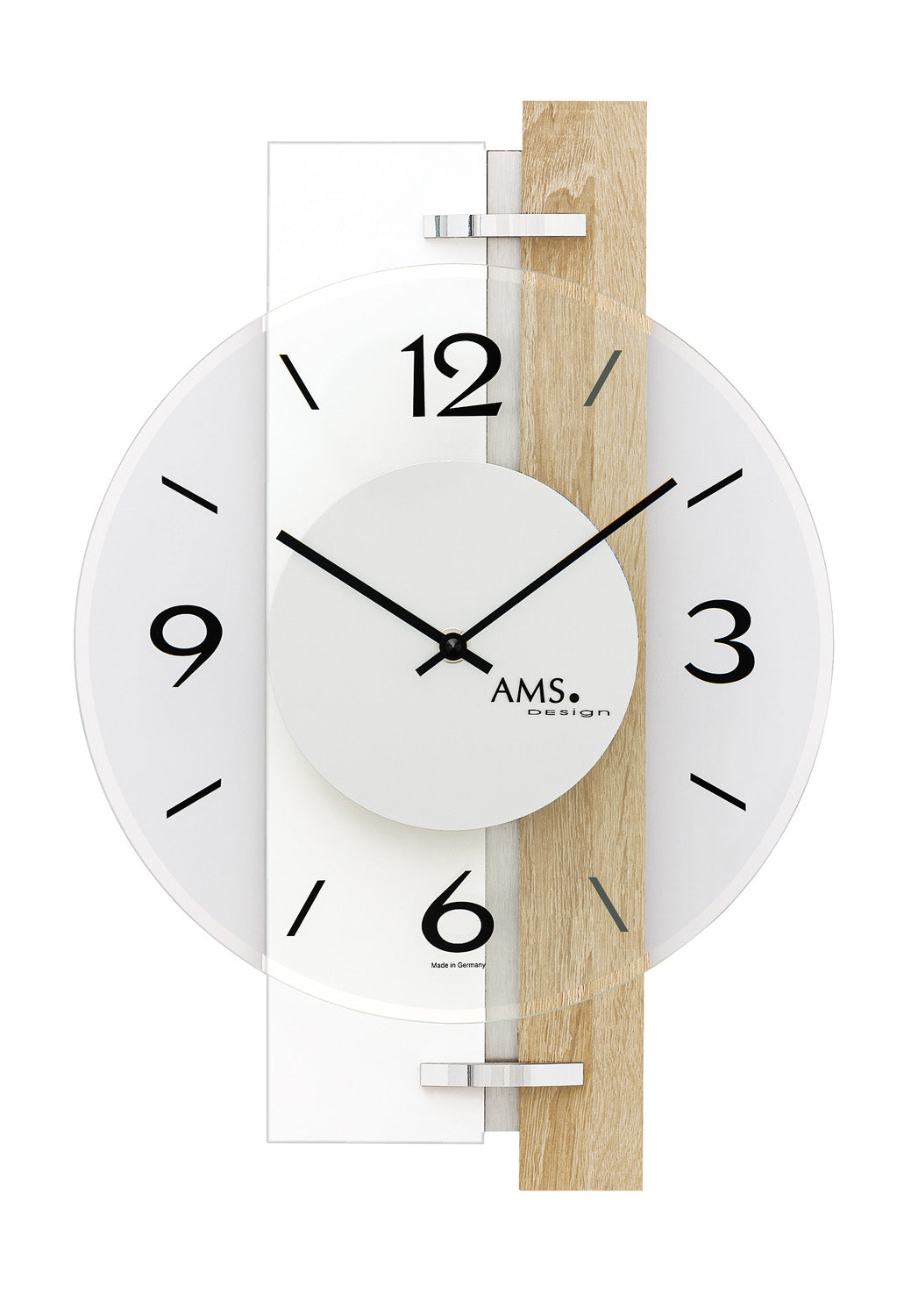 Horloge murale en verre minéral imprimé avec chiffres blancs et décor en bois, aiguilles noires