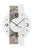 Horloge murale avec cadran rond blanc, aiguilles et chiffres noirs, élément en pierre naturelle grise