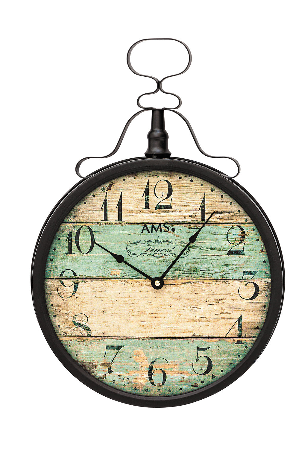 Horloge murale ronde avec boîtier en métal noir et cadran vintage aux accents turquoise